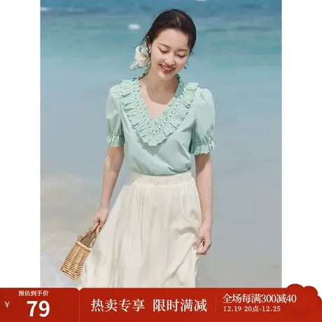 茵曼文艺清新衬衣2023夏女装新款浪漫花边V领松紧花边泡泡袖上衣图片