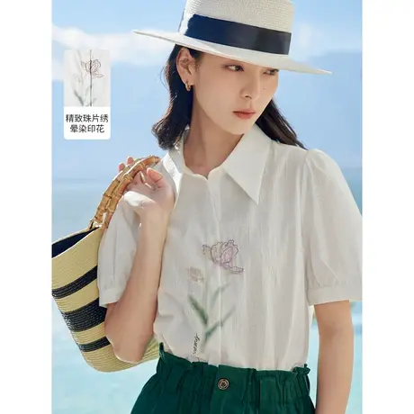 茵曼纯棉短袖衬衫女士2023年夏季新款泡泡袖翻领显瘦气质衬衣上衣商品大图
