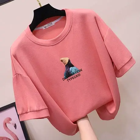 韩版休闲宽松显瘦减龄印花薄款连帽卫衣T恤女短袖2023夏季上衣潮商品大图