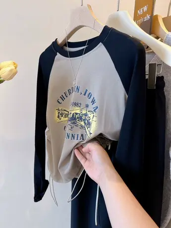 美式复古 英文字母侧边抽绳小短款拼色袖子显瘦百搭长袖T恤女上衣商品大图