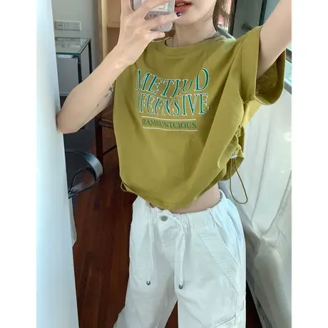 不规则正肩短袖t恤女夏设计感小众别致抽绳宽松辣妹短款上衣ins潮商品大图