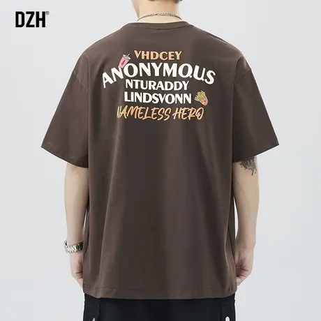 男士咖色t恤男纯棉夏季潮牌宽松男装2023新款发泡字母短袖体恤衫商品大图