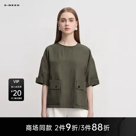 【商场同款】sdeer圣迪奥女时尚圆领立体口袋泡泡袖上衣S25283214图片