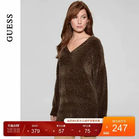 GUESS女士巧克力棕深V领宽松毛针织衫-W4BR72Z3HH2商品大图