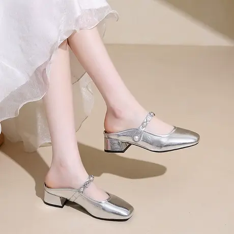 包头半拖鞋女夏外穿2025新款女鞋子网红百搭粗跟配裙子玛丽珍凉拖商品大图