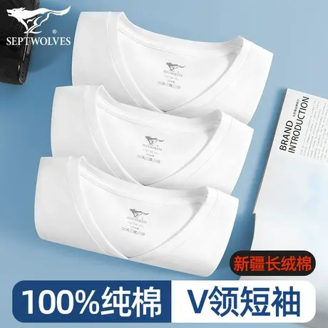 七匹狼白色v领短袖t恤男士纯棉打底汗衫薄款半袖体恤鸡心低领上衣商品大图