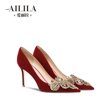 爱丽拉红色结婚鞋女2023新款中式秀禾服新娘高跟鞋绒面小众高级感图片