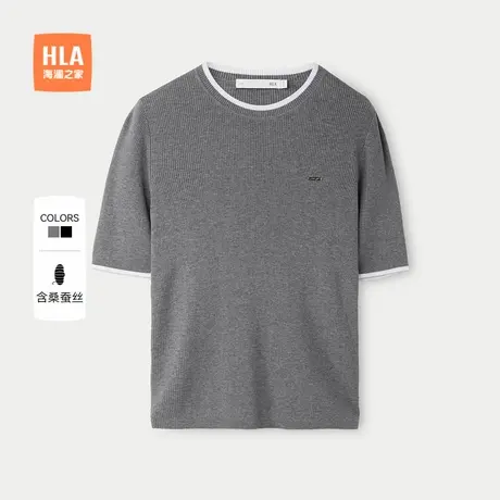 【含桑蚕丝】HLA/海澜之家黑色圆领短袖薄针织衫25春夏新毛衣女装商品大图