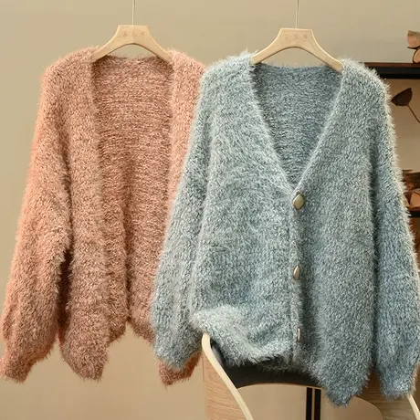 享永子【就喜欢毛茸茸】宽松V领毛衣外套 仿水貂绒针织开衫女秋冬图片