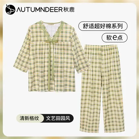 秋鹿柔软透气纯棉睡衣女夏季薄款蕾丝花边七分袖九分裤家居服套装商品大图