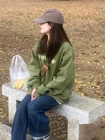 美式old school橄榄绿卫衣女秋款复古慵懒风大码薄外套潮上衣ins图片