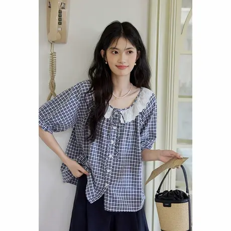 弥古复古格子蕾丝衬衫上衣女2025新款夏季泡泡袖短袖宽松法式衬衣图片