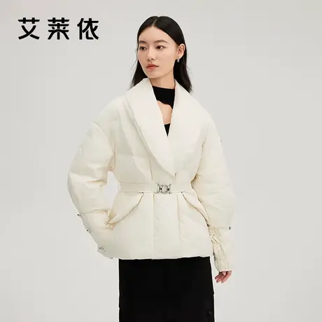 艾莱依鹅绒羽绒服女新款重工提花加厚保暖翻领西装领收腰高级外套图片