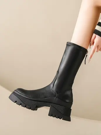 2023年新款秋冬小腿靴子中筒靴女弹力瘦瘦靴小个子粗跟厚底马丁靴商品大图