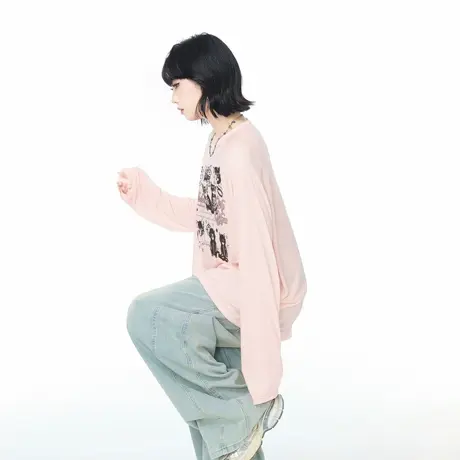 莱赛尔天丝凉感美式复古印花长袖T恤女夏宽松慵懒风轻薄罩衫上衣图片