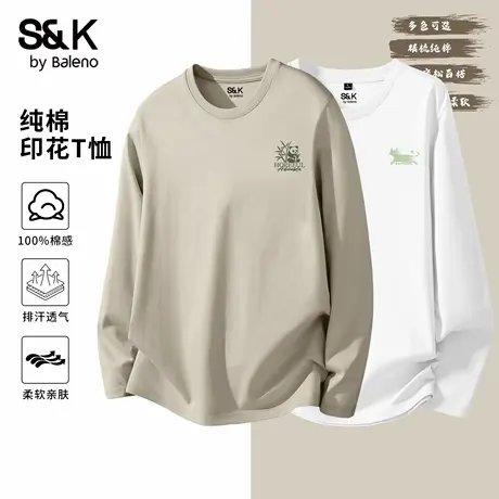 班尼路S&K休闲重磅男长袖T恤秋季新款熊猫印花纯棉上衣宽松型男装图片