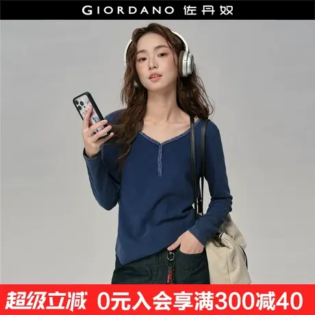 设计师款佐丹奴亨利衫女新款华夫格亨利领上衣长袖T恤女18325920商品大图