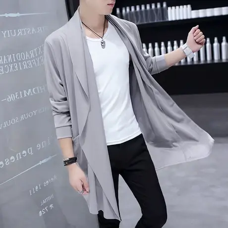 2023春秋季新款男士风衣韩版中长款外套潮流针织开衫修身过膝披风图片