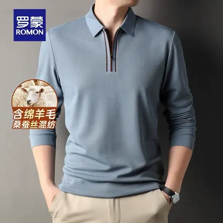 【含桑蚕丝+绵羊毛】罗蒙男士长袖POLO衫2025秋季新款简约日常T恤商品大图