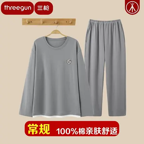 三枪100%棉秋季情侣假两件式可外穿睡衣男士卡通长袖柔软家居服女图片