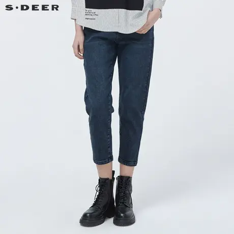 sdeer圣迪奥女装复古做旧高腰铆钉插袋牛仔长裤S21480829商品大图