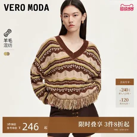 Vero Moda针织衫24秋新款拼接亮丝流苏装饰民族风针织衫324413041商品大图