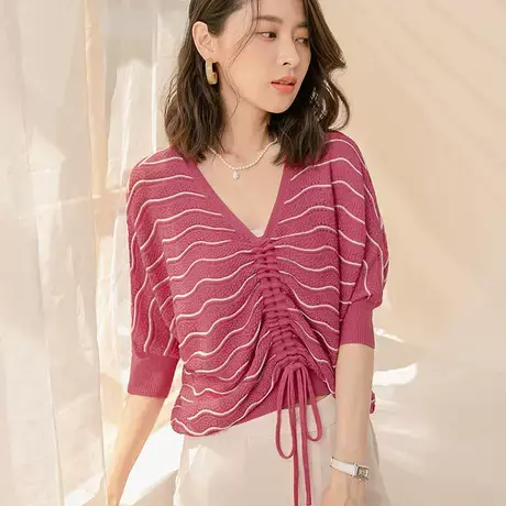 桔熊春夏季通勤条纹针织衫v领抽皱露腰宽松短袖上衣女大码FA2561图片