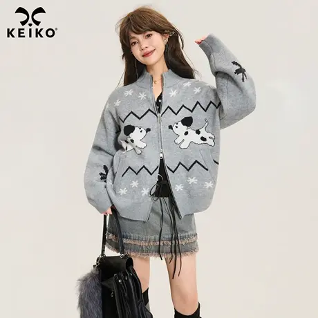 KEIKO 灰色费尔岛双头拉链毛衣外套女25秋冬慵懒复古立领针织开衫商品大图