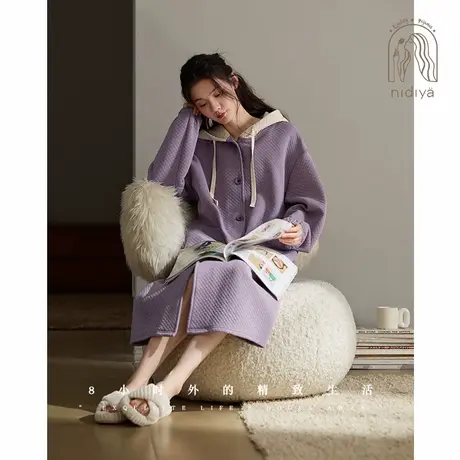 妮狄娅睡袍女秋加厚纯棉夹层长袖连帽中长款睡裙休闲秋冬季家居服商品大图