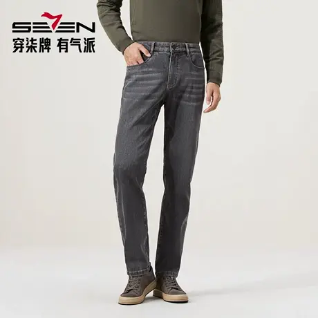 【火山岩】柒牌牛仔长裤秋冬保暖男士弹力中腰直筒裤子休闲男装图片