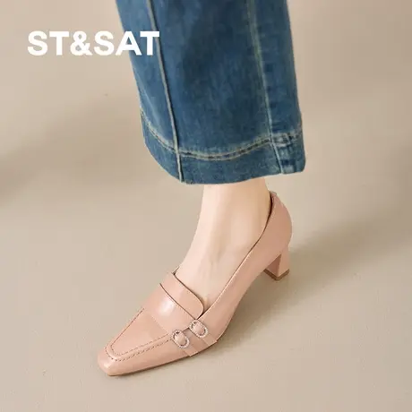 St&Sat/星期六星期六法式复古方头乐福鞋金属扣粗跟深口单鞋百搭图片