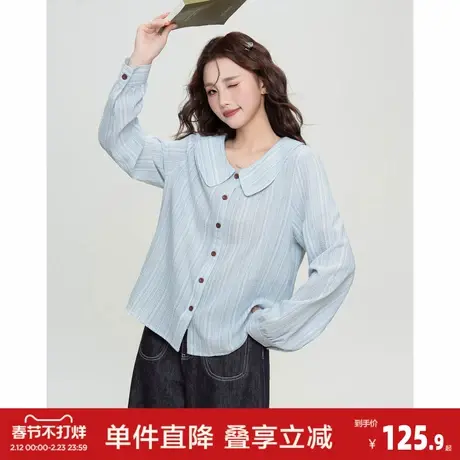 唐狮2026春秋圆领竖条上衣女士衬衫条纹衬衣女士高级感气质百搭潮图片