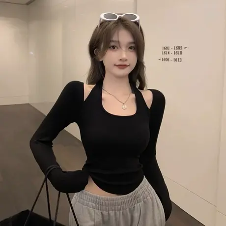 正肩辣妹假两件黑色修身束腰t恤女春秋内搭抽褶挂脖长袖打底衫ins商品大图