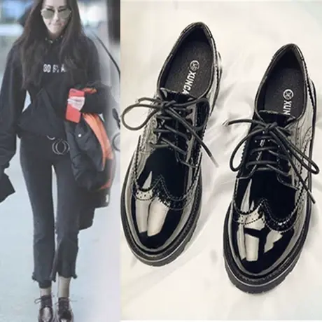 英伦风小皮鞋女秋冬季2023新款布洛克真皮厚底松糕德比鞋乐福单鞋商品大图