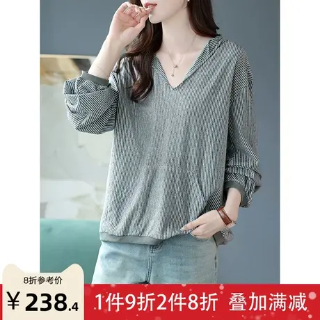 宝诗黎连帽V领竖条纹棉质宽松上衣女装2023早秋新款长袖薄款卫衣商品大图