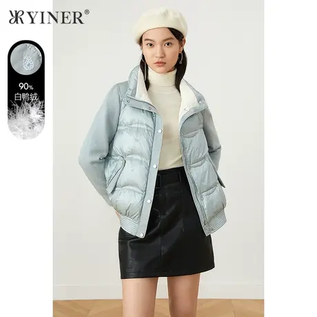 YINER音儿商场同款女装2021冬款时尚针织袖拼接绣花羽绒服商品大图