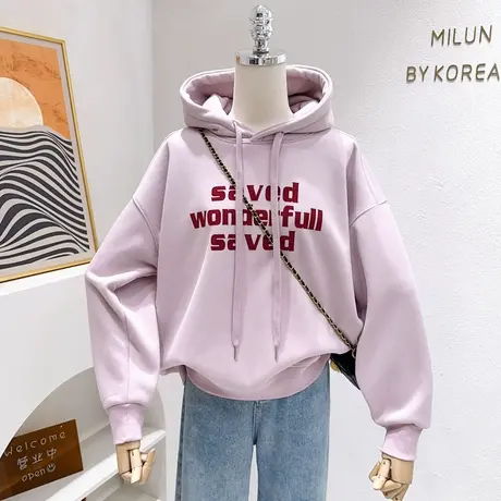 小个子加绒短款粉色卫衣~2023秋冬新款美式字母加厚连帽上衣宽松商品大图