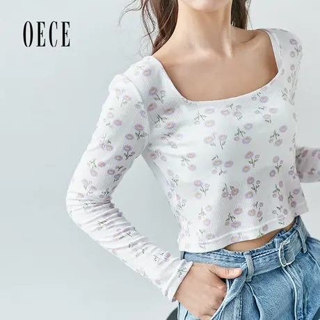 Oece秋装新款女装 奶香小碎花清新元气复古甜美方领长袖上衣图片
