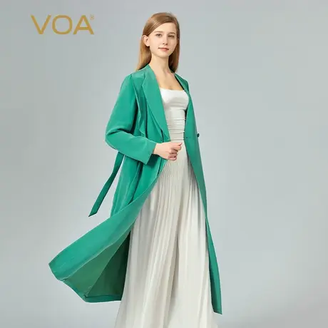 VOA30姆米重磅桑蚕丝绿色不规则V领活页长袖通勤中长款真丝外套图片
