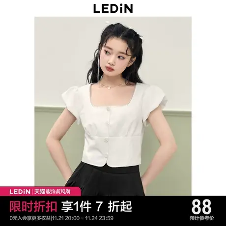 乐町纯欲方领白色雪纺衫2023年夏季新款甜辣少女显身材短袖上衣图片