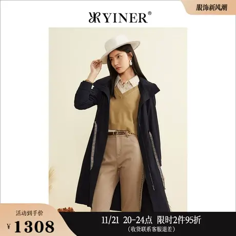 YINER音儿女装秋季新中长款收腰黑色连帽风衣外套商品大图