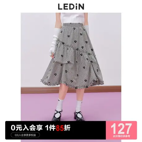 乐町甜美裙子小花长裙休闲早秋新款女装半裙格纹不规则半身裙图片