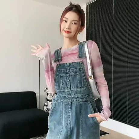 尔给美式宽松减龄高腰牛仔背带裤女夏季小个子2023新款直筒牛仔裤商品大图