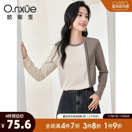 欧昵雪2023冬季新款潮流圆领绣花加厚T恤女长袖套头个性内搭上衣商品大图