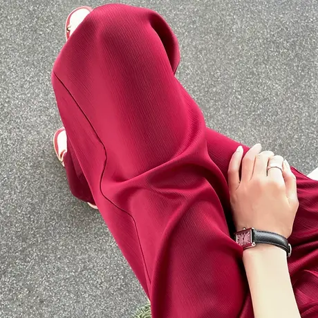 酒红色醋酸冰丝阔腿裤女夏季薄款高腰垂感宽松休闲凉凉裤防晒裤子商品大图