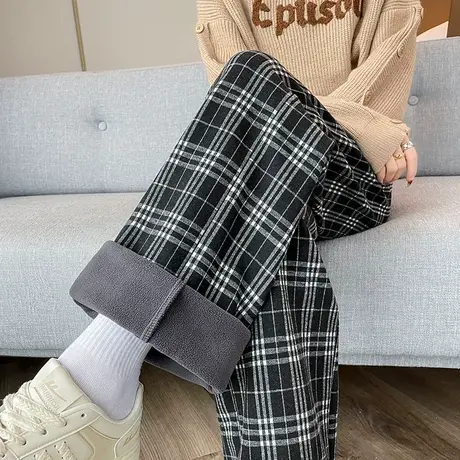 复古黑白格子阔腿裤女冬季加绒加厚宽松显瘦直筒垂感休闲拖地裤子商品大图