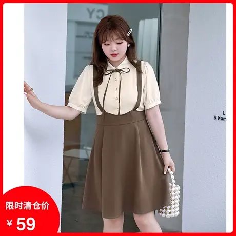 拼接短袖连衣裙A字收腰显瘦大码胖妹妹学院风减龄2023年夏装新款商品大图