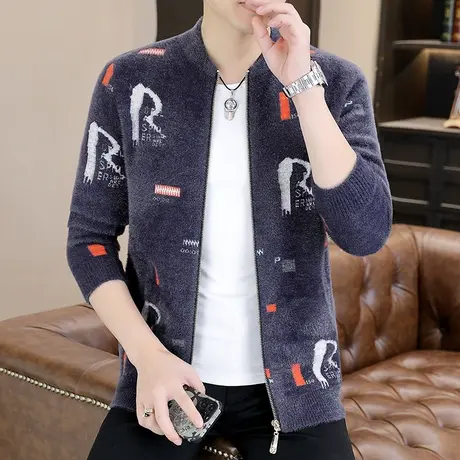 秋季新款水貂绒开衫毛衣男加厚潮流线衣针织衫青年外套韩版男装帅商品大图