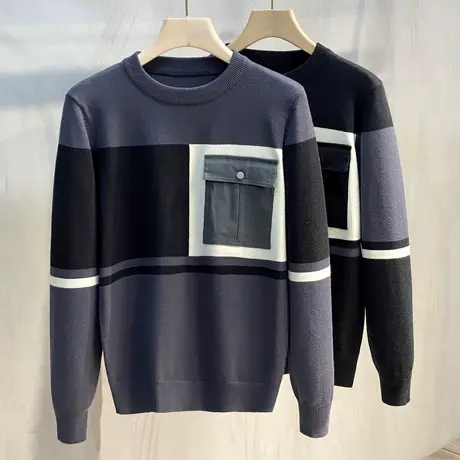 2023新款男士圆领毛衣 秋冬季厚款针织毛衫时尚条纹撞色冬装打底商品大图