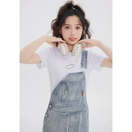 尔给浅色牛仔背带裤女夏季2023新款设计感窄版直筒裤小个子宽松商品大图